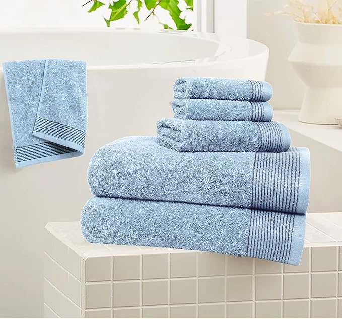 Belizzi Home 100% Cotton Ultra Soft 6 Pack Towel Set, Contains 2 Bath Towels 28x55 inchs, 2 Hand Towels 16x24 inchs & 2 Washcloths 12x12 inchs, Compact Lightweight & Highly Absorbant - Sky Blue