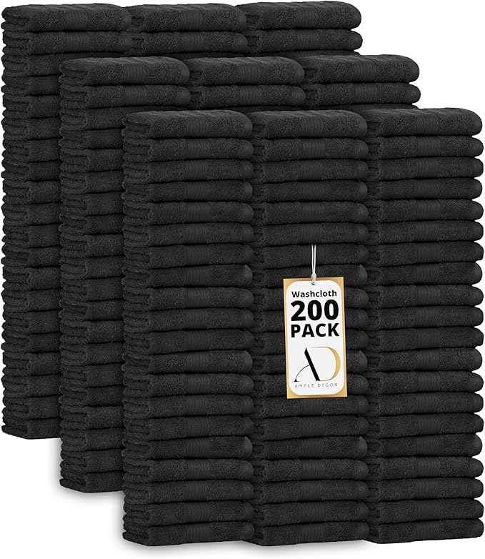 Ample Decor Washcloths Pack of 200 12 X 12 Inch 100% Cotton 600 GSM, Soft Absorbent and Reusable Fingertip Towels, Ideal for Bathroom and Powder Room - Black