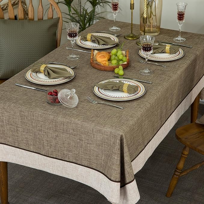 Solid Bordered Retro Tablecloths Classic Textured Table Clothes Linen Style Rustic Washable Tablecloth Rectangle Table Cloth,Kitchen Dinning Tabletop Decoration,Oblong Table Cover Flax 55x102 Inch