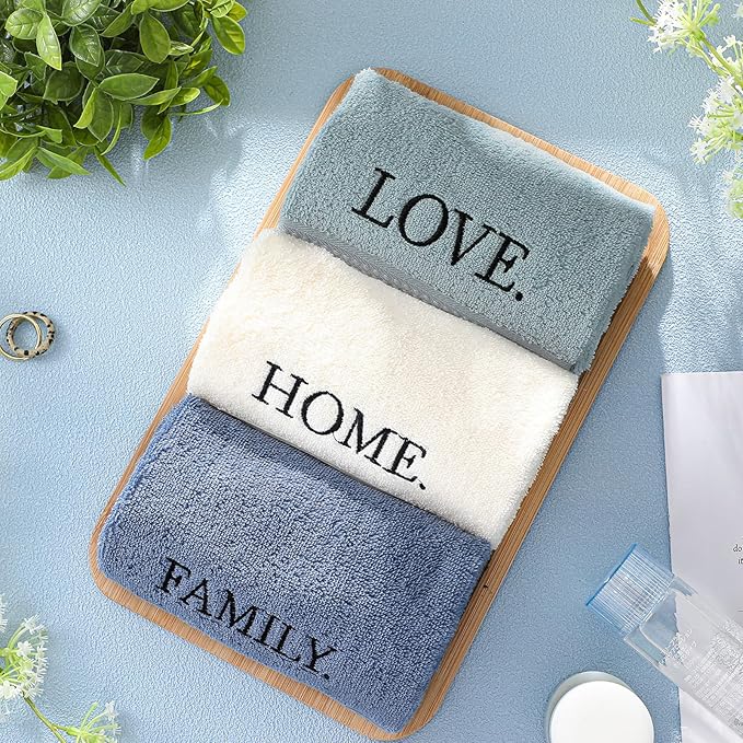 3 Pcs Home Love Family Decorative Hand Towels for Bathroom and Kitchen Rustic Embroidered 100% Cotton Hand Towels Decorative Set for Christmas Holiday Bathroom Decor