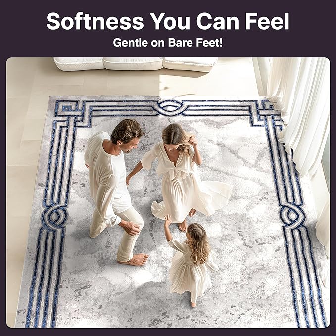 Well Woven Lezlee Abstract Modern 5'3" x 7'3" Area Rug - Blue Marble Border - for Living Room, Dining Room, Bedroom