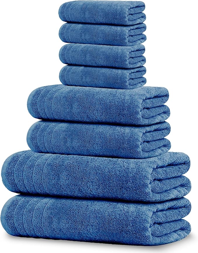 Tens Towels Pack of 8 Towels Set, 2 Extra Large Bath, 2 Hand, 4 Washcloths, 100% Cotton, Lighter Weight, Quicker to Dry, Super Absorbent, Perfect for Bathroom, Blue