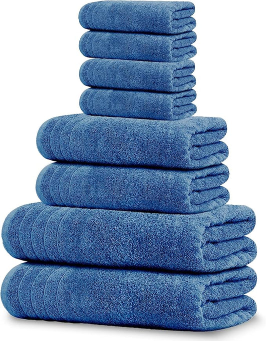 Tens Towels Pack of 8 Towels Set, 2 Extra Large Bath, 2 Hand, 4 Washcloths, 100% Cotton, Lighter Weight, Quicker to Dry, Super Absorbent, Perfect for Bathroom, Blue