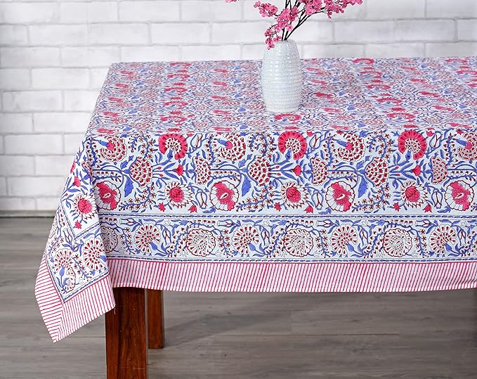 Ridhi Pigeon Blue Hand Block Print Cotton Rectangle Tablecloth 118 x 70 inch-Reusable Table Cover Decorative Everyday Use for Dining Room, Farmhouse, Thanksgiving, Christmas Wedding, Fall
