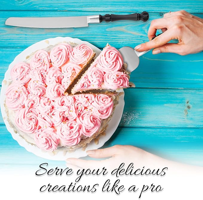 Homi styles Black Cake Knife and Server Set, Cake Cutter and Pie Spatula, Cake Server and Knife Set of 2 with Non-Slip Swirl Grip, Matte Black Cake Cutting Set for Wedding Cake, Birthdays, and Parties