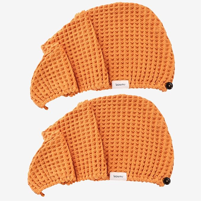 100% Organic Cotton Hair Drying Waffle Towel Wrap for Women | Absorbent & Quick Dry Head Turban for Wet Hair in Shower Sauna Spa, Extra Large for Long Straight Curly Plopping Button (Orange, 2 PACK)