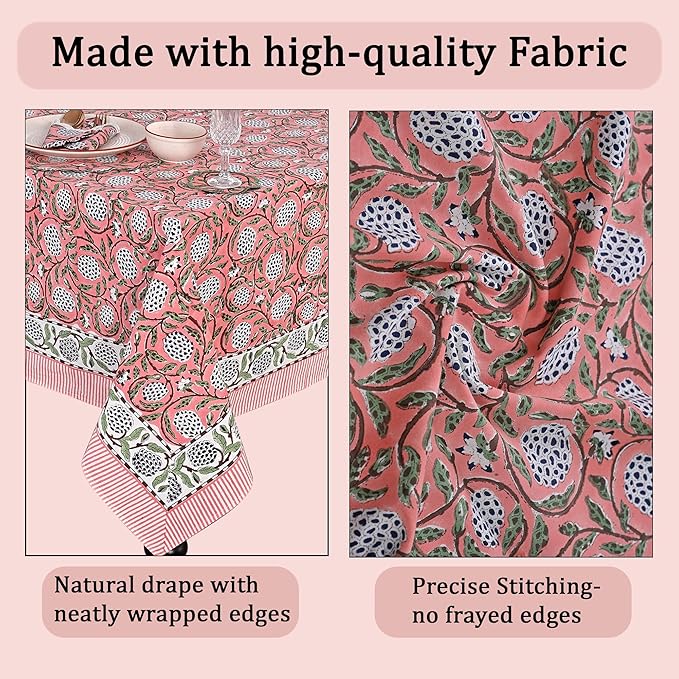 Ridhi Dark Salmon Pink Hand Block Print Cotton Rectangle Tablecloth 108" x 60" inches Reusable Table Cover Decorative Everyday Use for Dining, Farmhouse, Home, Party, Festive, Wedding, Fall