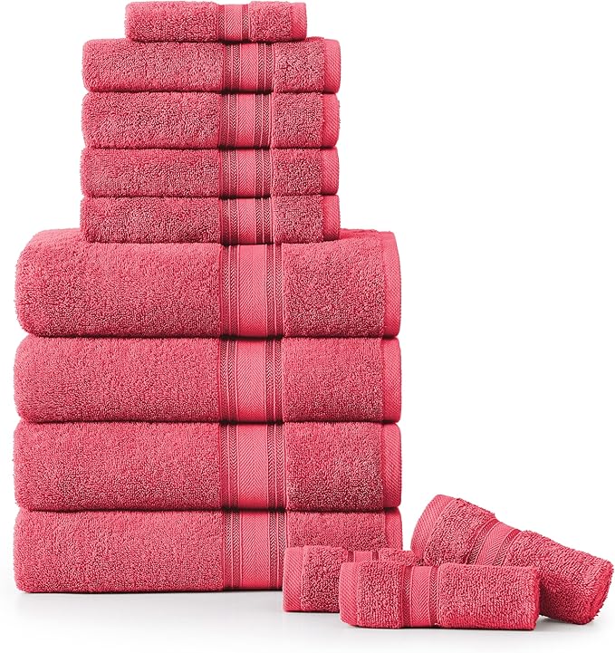 LANE LINEN 100% Cotton Bath Towel Set of 12 – 4 Bath, 4 Hand Towel & 4 Washcloths, Zero Twist, Absorbent Softness for Daily Use, Perfect for Airbnb, Spa & Hotel, Machine Washable – Honeysuckle