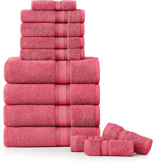 LANE LINEN 100% Cotton Bath Towel Set of 12 – 4 Bath, 4 Hand Towel & 4 Washcloths, Zero Twist, Absorbent Softness for Daily Use, Perfect for Airbnb, Spa & Hotel, Machine Washable – Honeysuckle