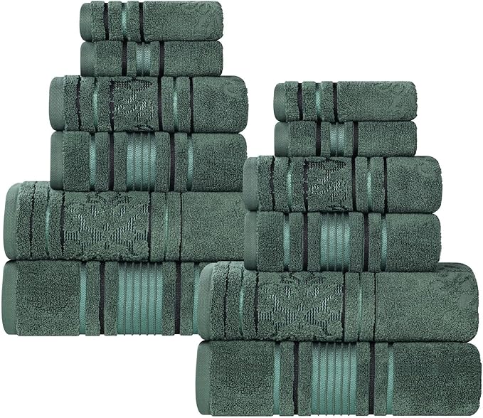 Superior Cotton 12 Piece Assorted Floral Towel Set, 4 Bath, 4 Hand, 4 Washcloth/Face Towels, Quick Dry, Home Essentials, Shower, Spa, Luxury Plush Soft Absorbent Towels, Zero Twist, Forest Green