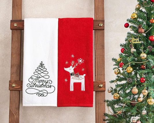 American Soft Linen Christmas Bath Towels Bathroom Set, 2 Packed Embroidered Decorative 100% Turkish Cotton Hand Bath Towels, Dish Towels for Decor Xmas, Tree-Deer