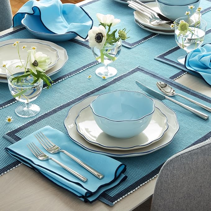 Kate Spade New York Garden Party Reversible 100% Cotton Table Runners Single Set, Woven Ribbed Design, Blue/Navy Blue, 14"x72"