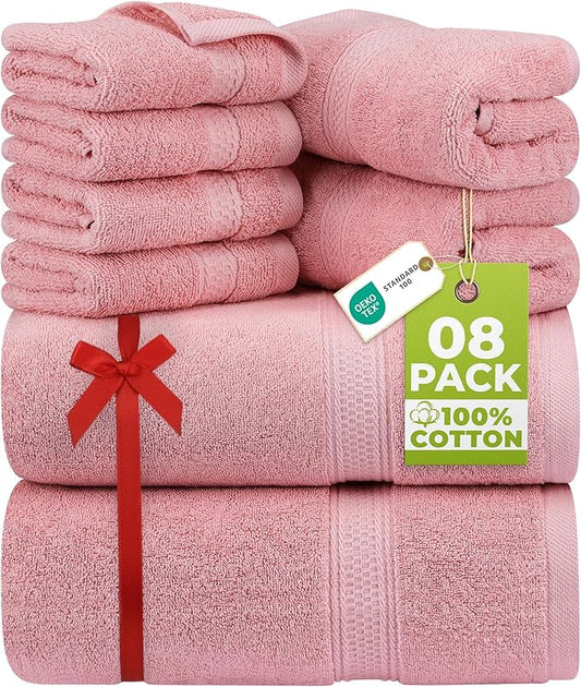 Utopia Towels 8 Piece Luxury Towel Set – Majestic Plush, Super Absorbent & Quicker-to-Dry, Thick 100% Ring Spun Cotton Towels for Bathroom, Spa & Hotel – 2 Bath, 2 Hand, 4 Washcloths, Dusty Pink