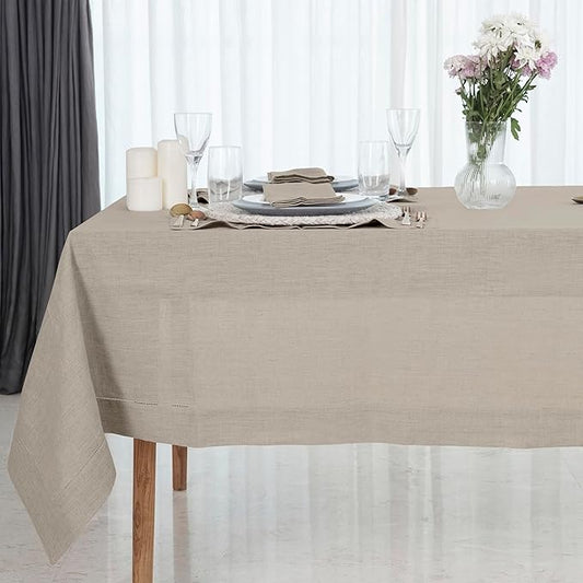 D'Moksha Homes Natural Linen Tablecloth 60 x 108 Inch - 100% Pure Linen Natural Table Cloth for Rectangle Tables - Classic Hemstitch, Machine Washable Tablecloth for Christmas, Holiday, New Year