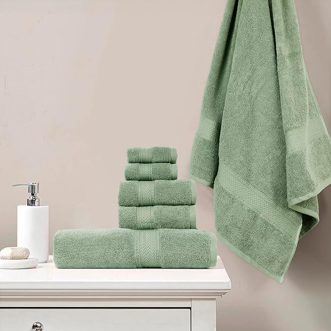 HILLFAIR Premium 600 GSM 6 Piece Towel Set- 2 Bath Towels, 2 Hand Towels & 2 Washcloths, Machine Washable, Hotel Quality, Super Soft & Highly Absorbent Cotton Towel: Sage