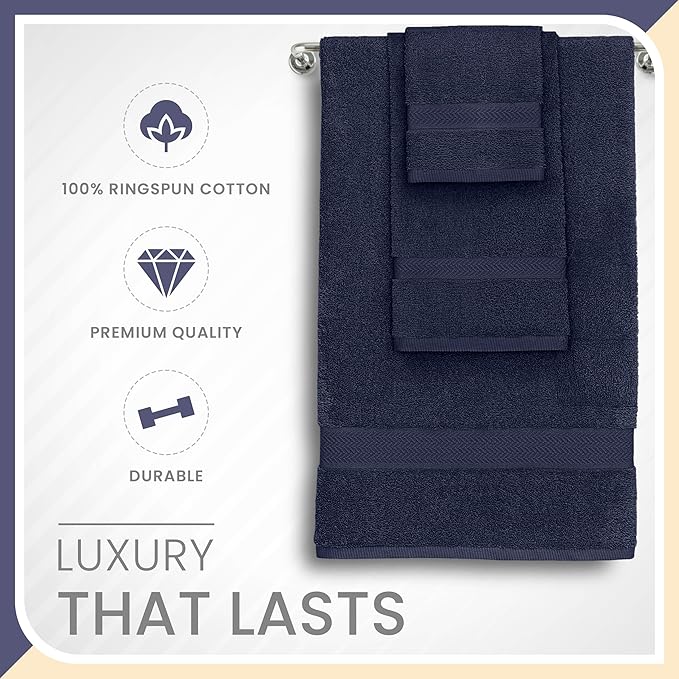 Martex 6-Piece Luxury 100% Cotton Towel Set | Quick Dry | Super Absorbent | Super Soft 100% Ringspun Cotton Towels | 2 Bath Towels | 2 Hand Towels | 2 Wash Cloths | Dark Blue