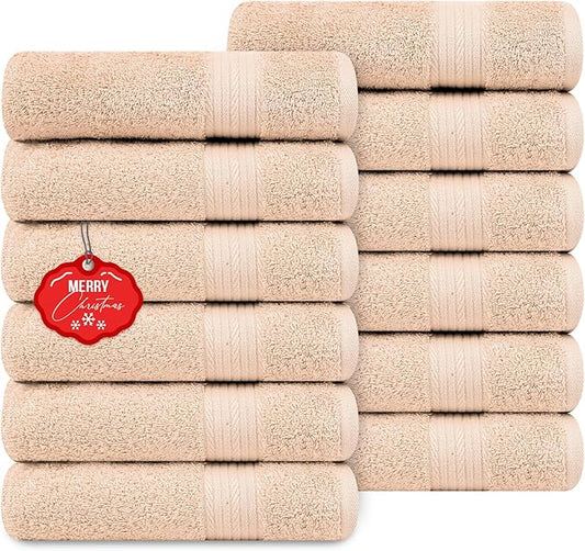 Ample Decor Hand Towel 18 X 28 Inch Pack of 12 600 GSM 100% Cotton, Soft Absorbent Thick Durable Premium Quality, for Hotel, Bathroom, Spa, Daily Use, Gym - Machine Washable - Beige