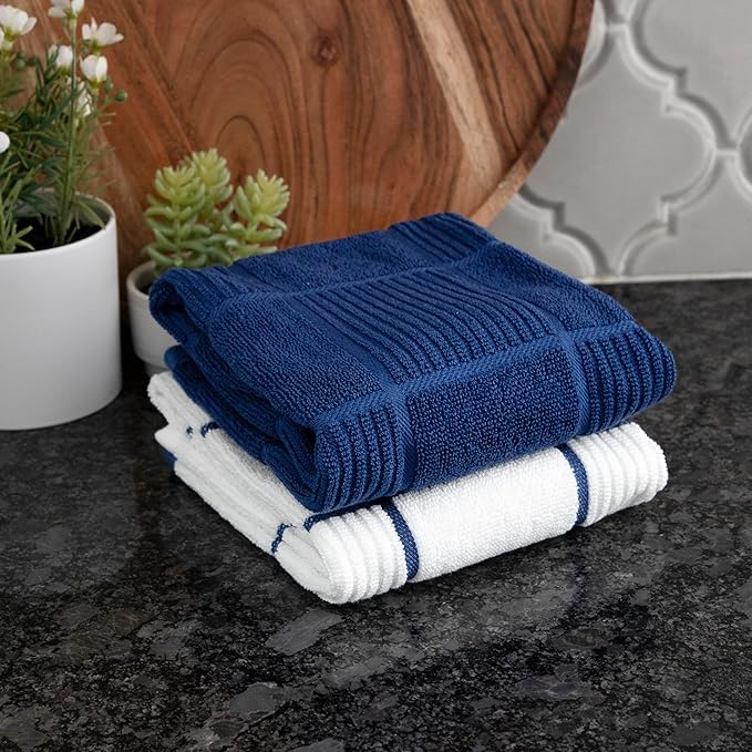 T-fal Solid & Checked Parquet Kitchen Towels: Highly Absorbent, Super Soft Long Lasting - 100% Cotton, 16"x26" Dish Towels for Cleaning & Drying Dishes, Pans, Glassware, or Countertops, (2-Pack), Blue