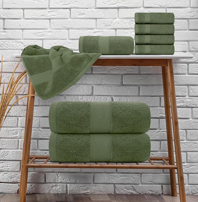 White Classic Luxury Bath Towel Set of 8 Pieces - 100% Turkish Cotton Highly Absorbent Towels for Bathroom, 2 Luxury Bath Towels 700GSM, 2 Hand Towels, 4 Washcloths, Sage Green