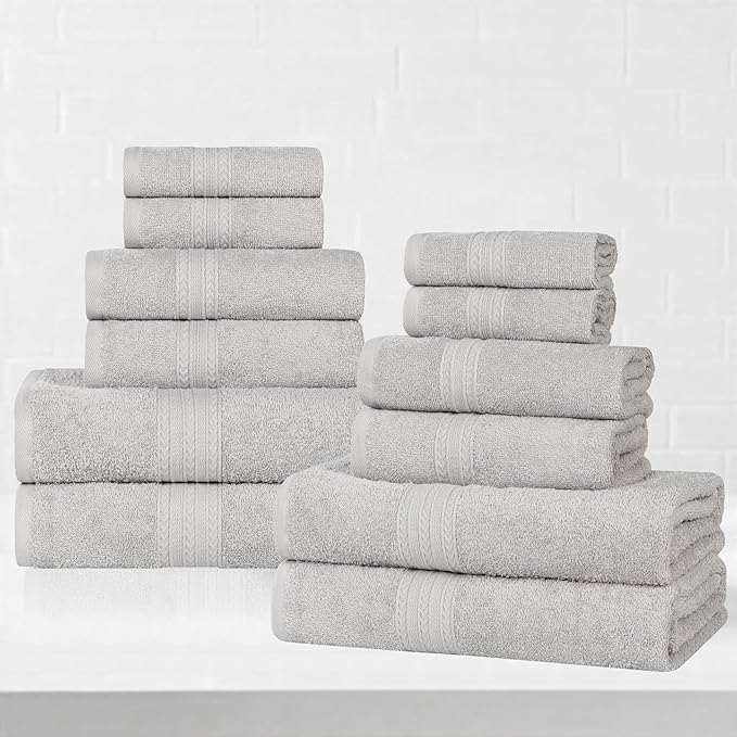 Superior Eco-Friendly Cotton 12-Piece Towel Set for Home, Dorm, Apartment Essentials, Absorbent, Fast Drying, Soft, Includes 4 Bath, 4 Hand, 4 Washcloths/Face Towels, Bathroom Basics, Silver