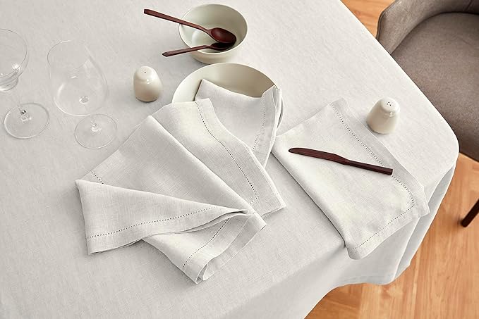 Solino Home Linen Light Flax Tablecloth 70 x 90 Inch - Sonoma Hemstitch, 100% Pure Linen Rectangular Tablecloth - Machine Washable Table Cloth for New Year
