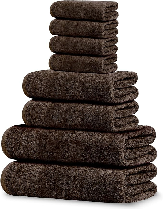 Tens Towels Pack of 8 Towels Set, 2 Extra Large Bath, 2 Hand, 4 Washcloths, 100% Cotton, Lighter Weight, Quicker to Dry, Super Absorbent, Perfect for Bathroom, Brown