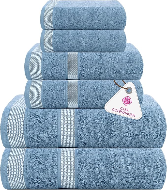 CASA COPENHAGEN Solitaire 6 Pieces Towel Set- Dusty Blue, 600 GSM 2 Bath Towel 2 Hand Towel 2 Washcloth, Designed in Denmark Made of Soft Egyptian Cotton for Bathroom, Kitchen & Shower