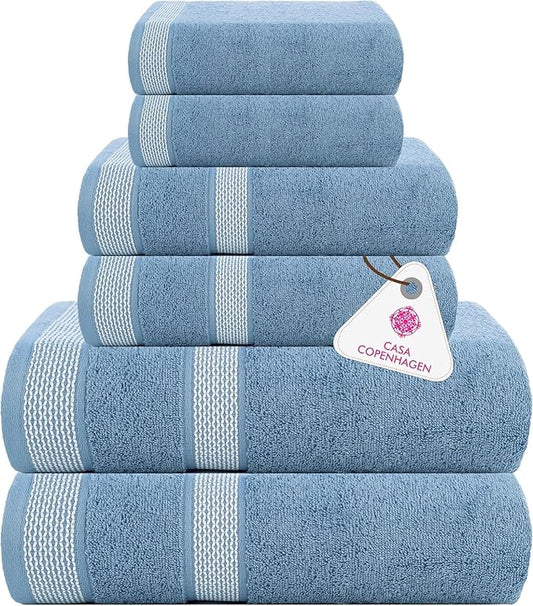 CASA COPENHAGEN Solitaire 6 Pieces Towel Set- Dusty Blue, 600 GSM 2 Bath Towel 2 Hand Towel 2 Washcloth, Designed in Denmark Made of Soft Egyptian Cotton for Bathroom, Kitchen & Shower