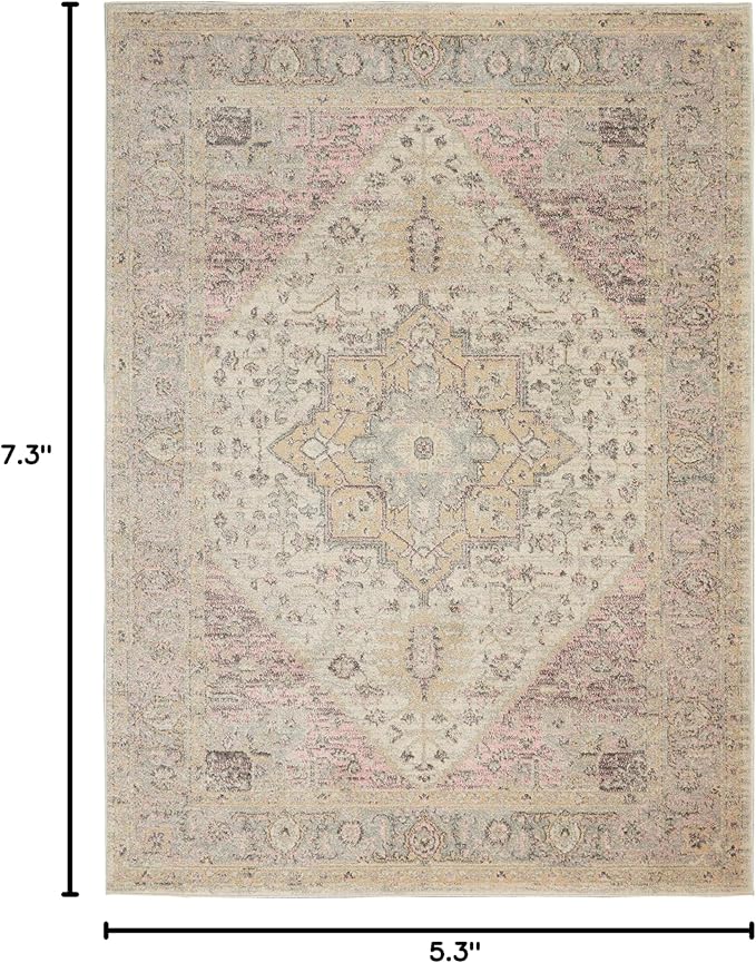 Nourison Home Tranquil Ivory/Pink 5'3" x 7'3" Area Rug, Distressed, Bed, Living, Dining Room, Kitchen, Easy Cleaning, Non Shedding, (5' x 7')