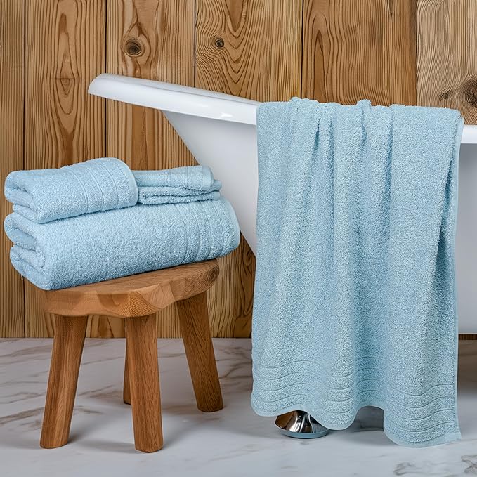 Tens Towels Pack of 8 Towels Set, 2 Extra Large Bath, 2 Hand, 4 Washcloths, 100% Cotton, Lighter Weight, Quicker to Dry, Super Absorbent, Perfect for Bathroom, Sky Blue