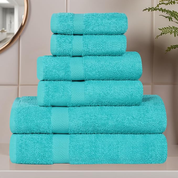 Superior 6-Piece Cotton Assorted Towel Set, Includes 2 Face/Washcloths, 2 Hand, and 2 Bath Towels, Lightweight Essentials, for Home, Gym, Beach, Bathroom, Quick Drying, Franklin Collection, Turquoise