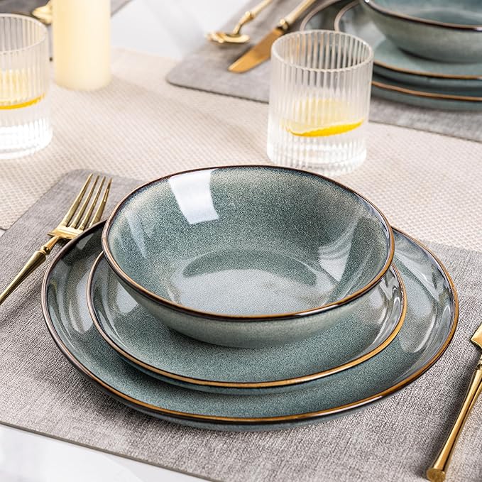 AmorArc Ceramic Dinnerware Sets,Handmade Reactive Glaze Stonewre Plates and Bowls Sets,Highly Chip and Crack Resistant | Dishwasher & Microwave Safe Dishes Set,Service for 4 (12pc)