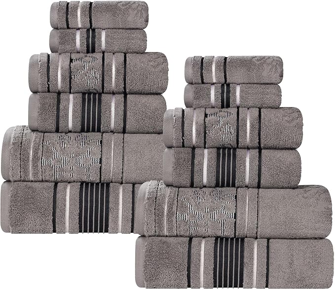 Superior Cotton 12 Piece Assorted Floral Towel Set, Includes 4 Bath, 4 Hand, 4 Washcloth/Face Towels, Quick Dry, Home Essentials, Shower, Spa, Luxury Plush Soft Absorbent Towels, Zero Twist, Charcoal