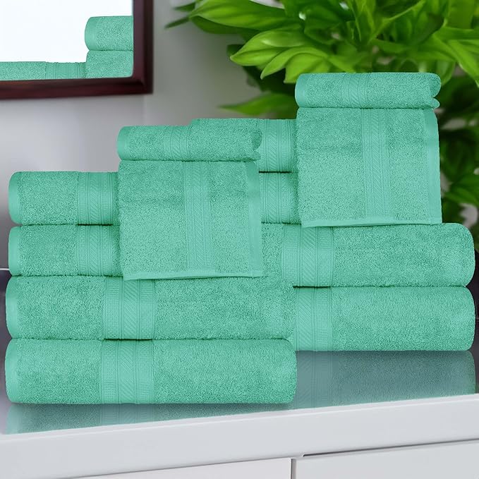 Superior Atlas Cotton 12 Piece Towel Set, Luxury Towels, Heavyweight, Bathroom Essentials, Basics, Spa, Salon, Hotel, Resort, Plush, Highly-Absorbent, 4 Bath, 4 Hand, 4 Face Towels, 12PC Set, Rivulet