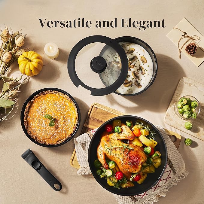 Redchef 16pcs Ceramic Pots and Pans Set Non Stick, Nonstick Kitchen Cookware Set with Detachable Handle, Non Toxic, PFAS PFOA & PTFE Free, RV Cookware Set for Camping, Dishwasher/Oven Safe (Black)