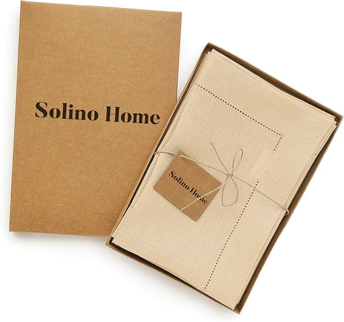 Solino Home Linen Napkins Set of 4 - Classic Hemstitch 100% Pure Linen Beige Dinner Napkins Cloth 20 x 20 Inch for New Year - Handcrafted and Machine Washable