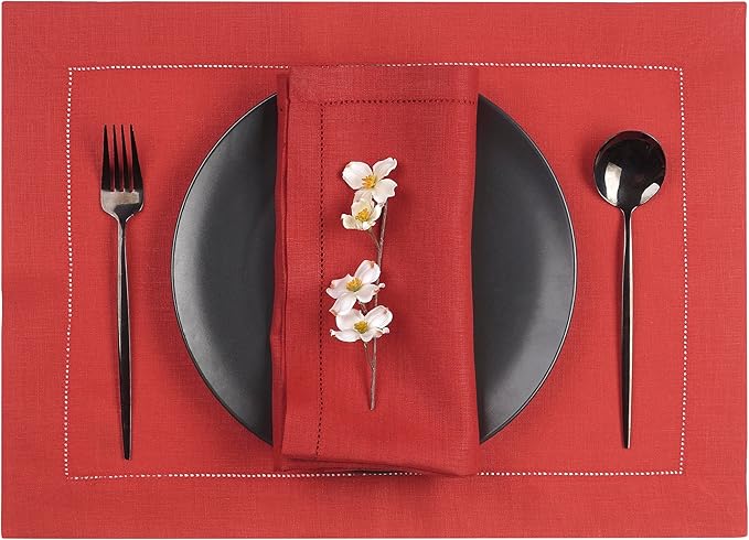 D'Moksha Homes Linen Placemats Set of 4 - Classic Hemstitch Bright Red Placemats 14 x 19 Inch - 100% Pure Linen Table Mats for Fall, Autumn and Halloween - Handcrafted and Machine Washable