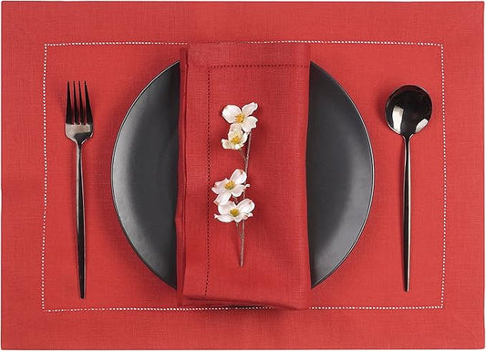 D'Moksha Homes Linen Placemats Set of 4 - Classic Hemstitch Bright Red Placemats 14 x 19 Inch - 100% Pure Linen Table Mats for Fall, Autumn and Halloween - Handcrafted and Machine Washable