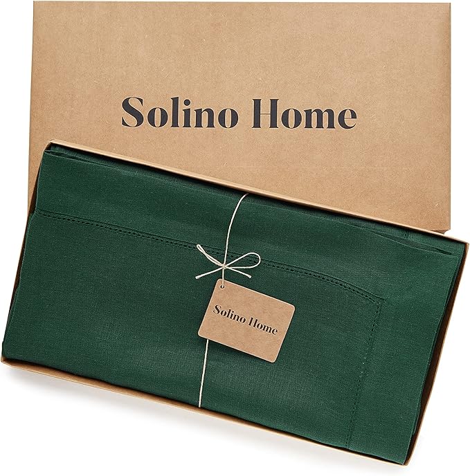 Solino Home Linen Tablecloth 60 x 90 Inch - Classic Hemstitch 100% Pure Linen Rainforest Green Table Cloth for Rectangle Tables - Machine Washable Tablecloth for Winter, New Year
