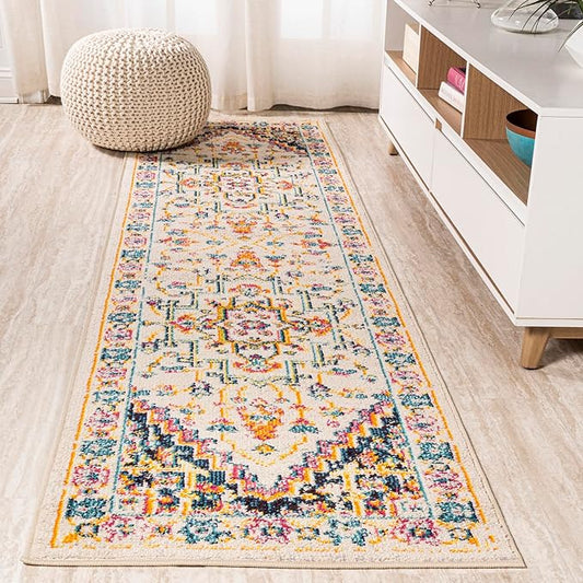 JONATHAN Y Brooklyn Geometric Medallion Beige/Ivory Runner Rug, 2x8, Vintage, Bohemian, Easy-Cleaning for Living Room, Bedroom, Kitchen, Pet Friendly, Non-Shedding (MDP207B-28)