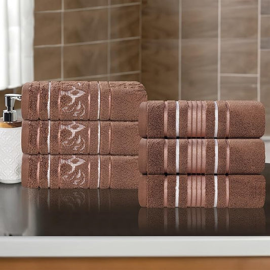 Superior Cotton Hand Towel Set, Small Towels, Plush Soft Absorbent Bathroom Basics, Home Essentials, Spa, Salon, Hotel, Kitchen, Luxury Quick Drying, Zero Twist, Assorted Design, Set of 6, Chocolate