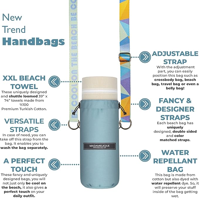 Madamelique Turkish Beach Towel with Beach Bag - 39 x 74 - Prewashed Beach Towels Oversized -%100Cotton - Quick Dry - Sand Free - Hand Loomed Turkish Bath Towels - Unique Absorbent Towel (Beige)