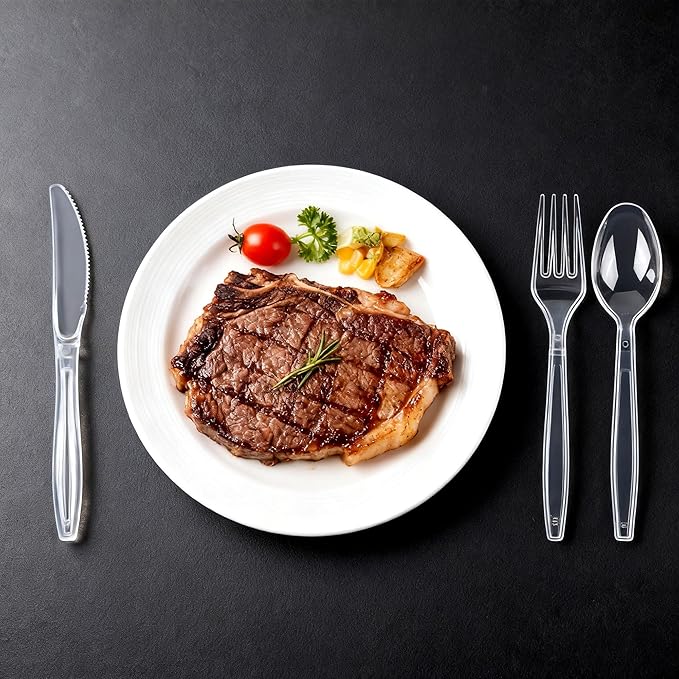 Zcaukya 300 Count Clear Plastic Silverware Set, 100 Forks, 100 Spoons, 100 Knives, Heavy Duty Disposable Cutlery Set Utensils Bulk for Parties, Events, Catering, Everyday Use