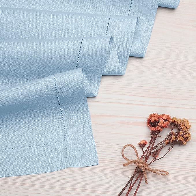 D'Moksha Homes Linen Powder Blue Table Runner 36 Inches - 100% Pure Linen Small Table Runner 14 x 36 Inch Ideal for Dresser, Coffee Tables, Winter, Holiday, New Year - Classic Hemstitch