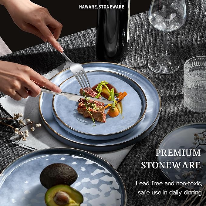 HaWare Dinnerware Sets, 6-Piece Plates and Bowls Set, Stoneware Dish Set for 2, Ceramic Dinnerware for Home Restaurant, Chip and Scratch Resistant, Microwave and Dishwasher Safe, Reactive Blue