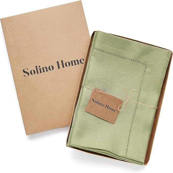 Solino Home Linen Napkins Set of 4 - Classic Hemstitch 100% Pure Linen Moss Green Dinner Napkins Cloth 20 x 20 Inch for Winter - Handcrafted and Machine Washable