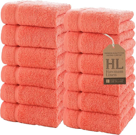 Hawmam Linen Luxury Cotton Washcloths 13x13 Inch - Large Hotel Spa Bathroom Face Towel | 12 Pack | Coral Orange