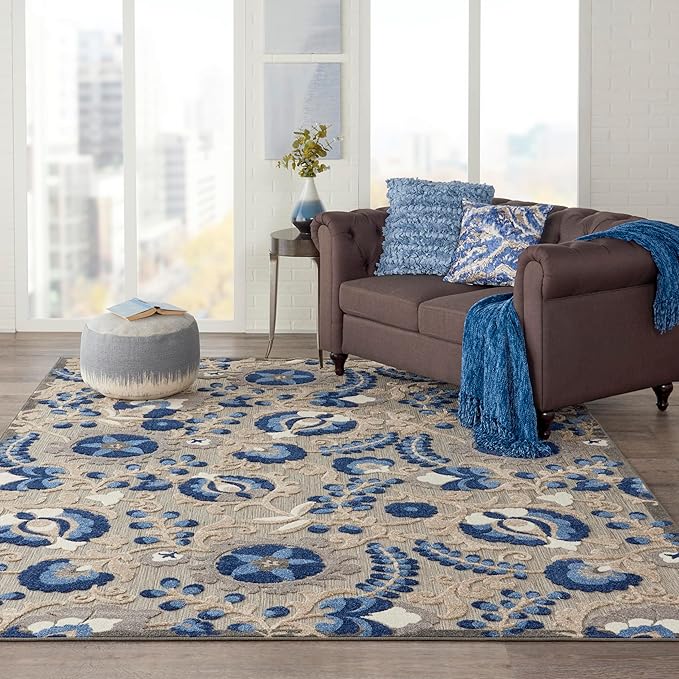 Nourison Home Aloha Natural Blue 7'10" x 10'6" Area Rug - Easy Clean, Non Shedding, Bed Room, Living Room, Dining Room, Kitchen (8' x 11')