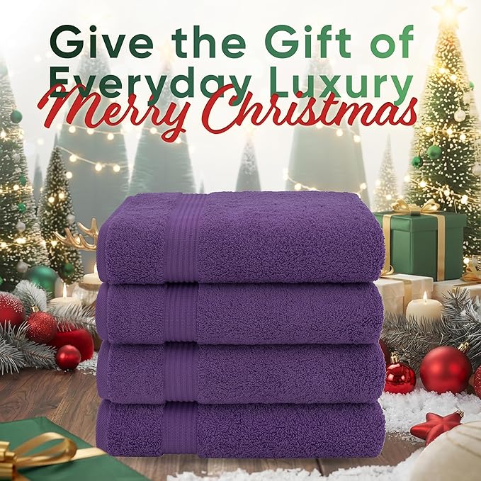 American Veteran Towel, 100% Cotton Turkish Bath Towels for Bathroom 4 Pack, 27x54 Extra Large Premium Soft Drying Bathroom Towels, Purple
