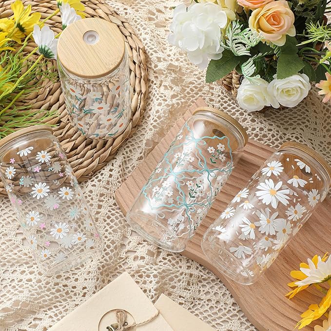 Mumufy Gift for Women Cute Glass Cup Tumbler Flower Iced Coffee Mugs 16 oz Glass with Bamboo Lid & Straw, Mothers Day Birthday Gift for Mom Sister Bridesmaid Baby Shower(4 Pack,Fresh Flower)